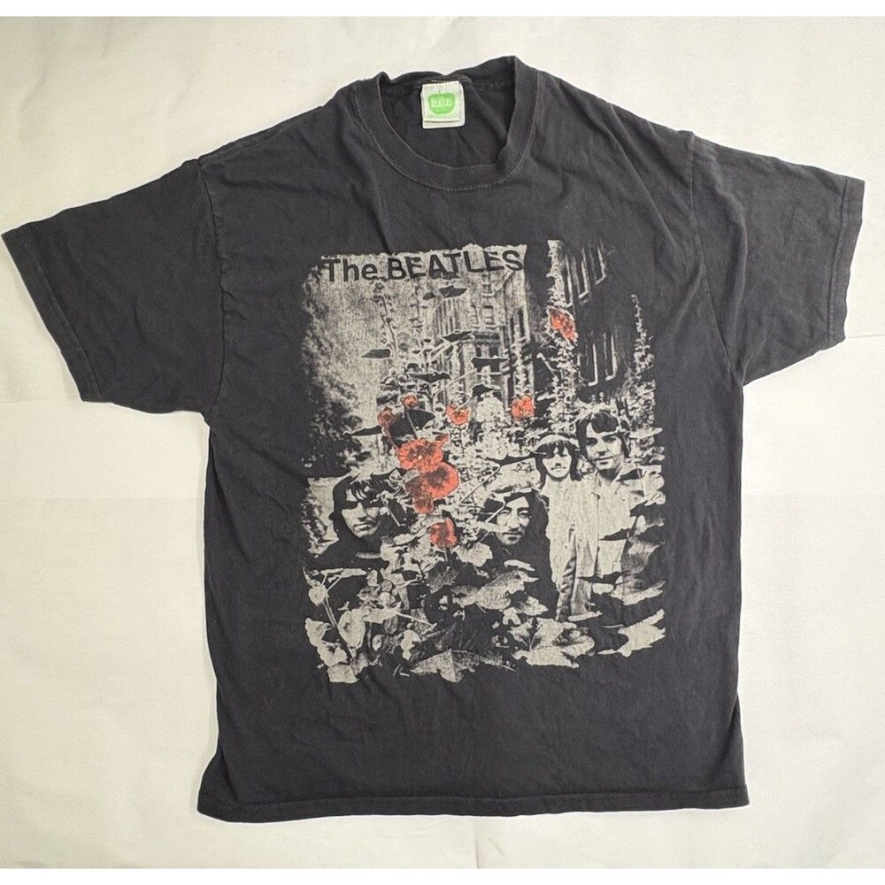 The Beatles 2005 Black White Red Flowers Band T Shirt Sz S